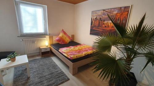a living room with a bed and a potted plant at Fewo Am Tiefen Weg in Karlstadt
