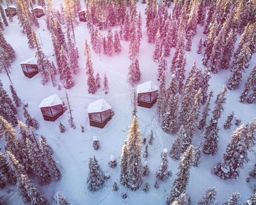 an aerial view of a christmas village in the snow at Magical Pond Nature Igloos in Ruka
