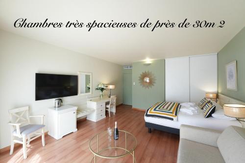a living room with a couch and a tv at Hôtel Mount Venturi - Aix-En-Provence Sainte-Victoire - Bar & Restaurant & Padel in Rousset