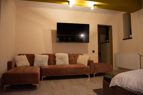 a living room with a couch and a flat screen tv at JANINE GARDEN in Braşov