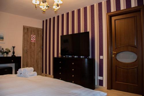 a bedroom with a bed and a tv and a door at JANINE GARDEN in Braşov