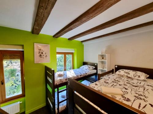 two beds in a room with green walls at Das Hostel Rijeka in Rijeka