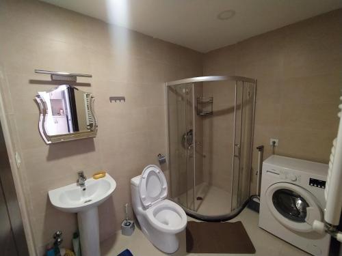 a bathroom with a shower toilet and a sink at Bakuriani apartament in Bakuriani