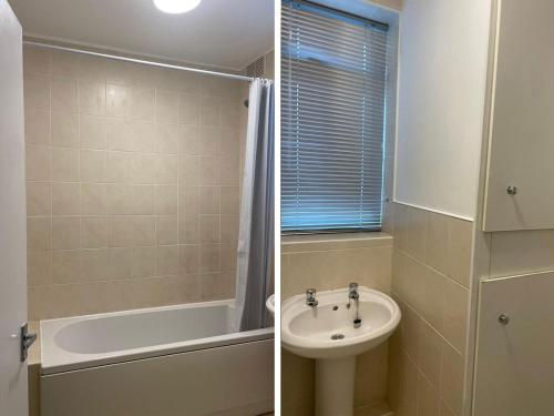 La salle de bains est pourvue d'un lavabo, d'une baignoire et de toilettes. dans l'établissement Moda House Wigan - Beautiful 4 Bed Property, à Pemberton