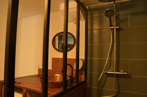 a bathroom with a shower with a mirror and a sink at Gîte 'An Kay Ou' - L'Aiglette in Pontaix