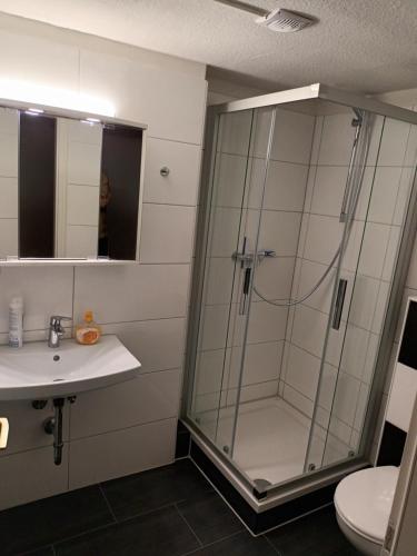 a bathroom with a shower and a sink and a toilet at Altstadt Hostel Bremen in Bremen