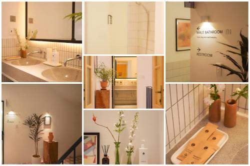 a collage of photos of a bathroom with plants at 1986 Cafe & Stay in Hai Phong