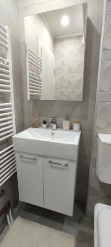 a white bathroom with a sink and a toilet at Apartman Nemanja in Bijeljina