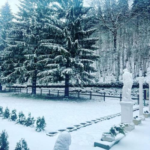 un parc recouvert de neige avec une statue et des arbres dans l'établissement Taverne & Pension Lubenbachtal, à Zella-Mehlis
