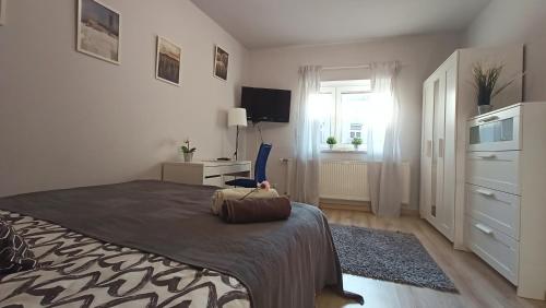 Habitación blanca con cama y escritorio en Apartament SREBRNY Krakowskie Przedmieście 26, en Lublin