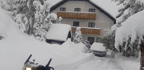 una casa cubierta de nieve delante en Sunny place, en Kranjska Gora