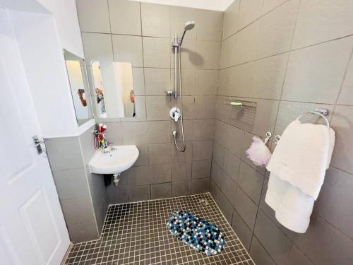 a bathroom with a shower and a sink and a toilet at Modern Victorian 4 bedroom home in trendy Observatory. in Cape Town