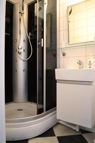 a bathroom with a shower and a sink at Hotell Skinnargården in Malung