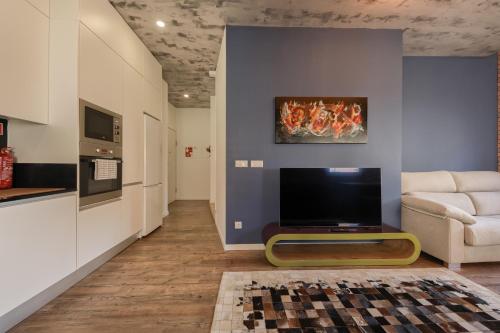 a living room with a tv and a couch at Caju Deluxe Apartment in Aveiro