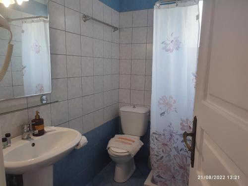 uma casa de banho com um WC, um lavatório e uma cortina de chuveiro em Villa Giorgos em Platanias