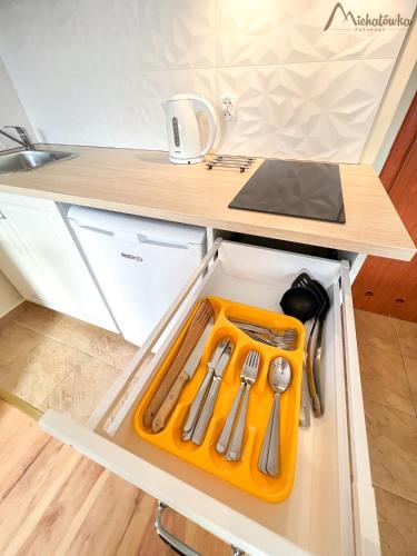 an open drawer in a kitchen with utensils at Willa Michałówka in Zakopane