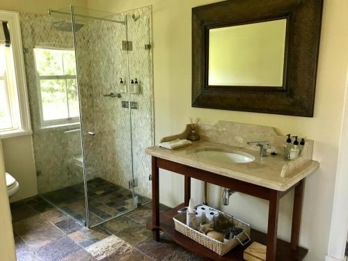 a bathroom with a sink and a glass shower at The Boathouse at Oakhurst Olives in Tulbagh
