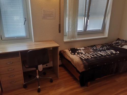 a bedroom with a desk and a bed with a chair at Glatthall in Glattbrugg