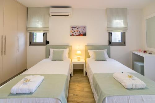 due letti uno accanto all'altro in una stanza di Villa Ilianthos a Panormos
