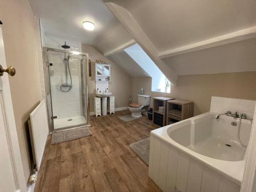 a bathroom with a tub and a shower and a toilet at Carew Lodge & Loft in Torpoint