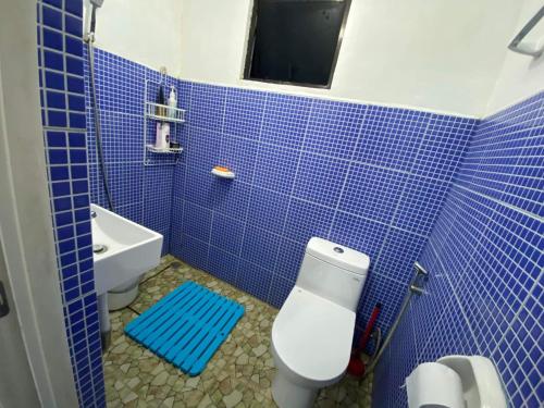 a blue tiled bathroom with a toilet and a sink at Bayabas,DigFamilyApartment Fully Furnished Near Tandag City in Somosomo