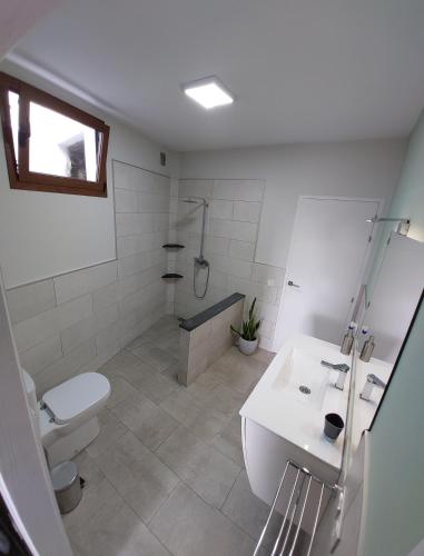 a white bathroom with a toilet and a sink at Casa Percea in Mazo
