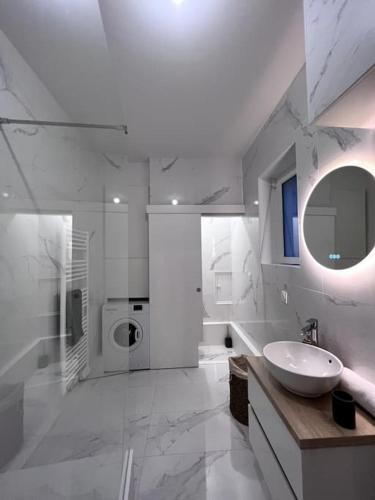 a white bathroom with a sink and a mirror at Le Saumaise : Centre historique in Dijon