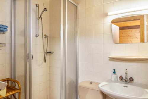 a bathroom with a shower and a toilet and a sink at Apart-hochzillertal Gartenwohnung in Kaltenbach