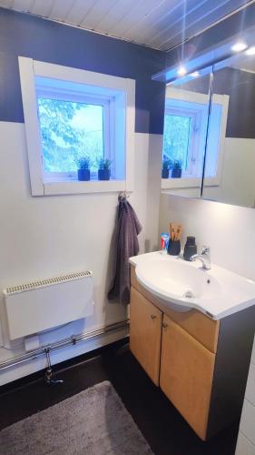 a bathroom with a white sink and two windows at Gårdshus in Lit