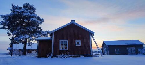 una pequeña casa roja con un árbol en la nieve en Gårdshus en Lit
