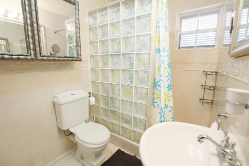 a bathroom with a toilet and a sink and a mirror at Rosalie Apt #2 by BSL Rentals in Christ Church