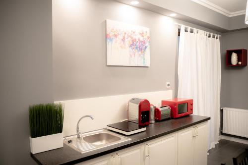 Una cocina con un fregadero y un electrodoméstico rojo sobre una encimera. en Luxury Down Town, en Bucarest