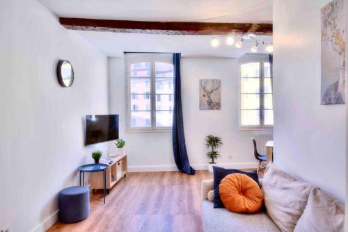 a living room with a couch and a tv at « Quartier des arts » de vivre à la Toulonnaise in Toulon