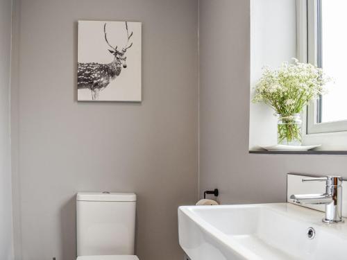 a bathroom with a toilet and a picture of a deer at Sheepfold Cottage in Eccleshall