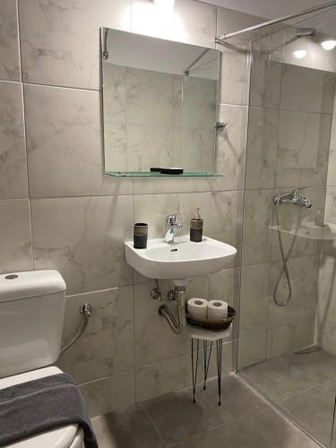 a bathroom with a sink and a shower with a mirror at Mani Spot in Areopolis