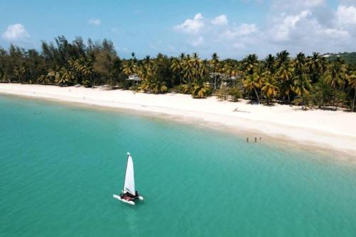 een zeilboot in het water naast een strand bij 3 Bedroom Pool Villa 50M To The Beach in Las Terrenas