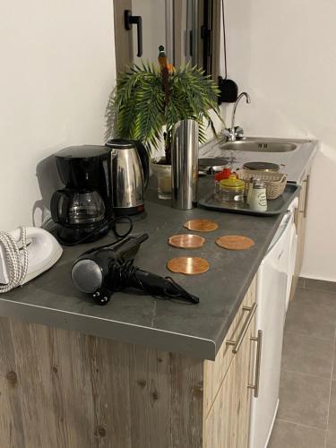 a kitchen counter with a sink and a counter top with a coffee maker at Mani Spot in Areopoli