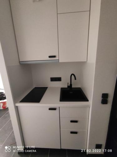 eine kleine Küche mit einem Waschbecken und weißen Schränken in der Unterkunft Black & White Apartment in Saarbrücken