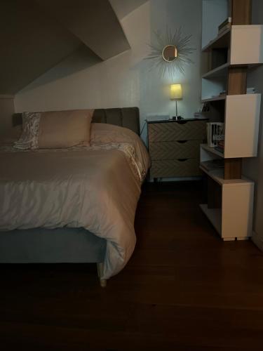 リールにあるAppartement De la treille VLのベッドルーム1室(ベッド1台、ドレッサー、ランプ付)