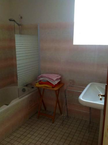 La salle de bains est pourvue d'une table, d'un lavabo et d'une douche. dans l'établissement Appartement confortable à Saint-Martin, 60 m², jardin spacieux, à Saint-Martin-sous-Vigouroux