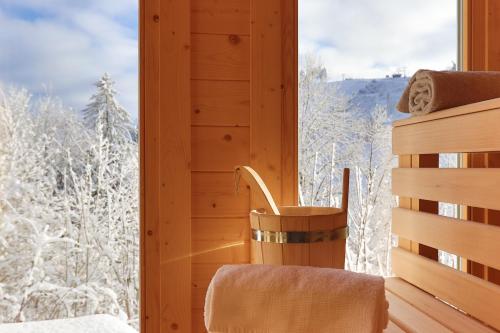 um quarto com uma banheira e uma janela com árvores cobertas de neve em Werkmeisters Hütte em Sankt Andreasberg