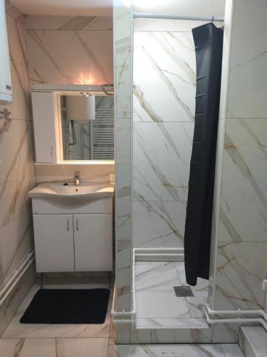 a bathroom with a sink and a mirror at Apartman i sobe Milica Vrnjacka Banja in Vrnjci