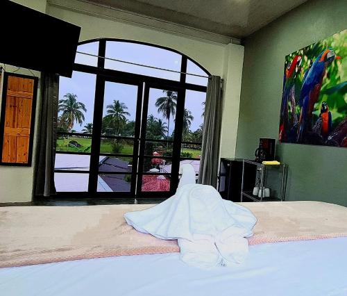 a bedroom with a bed and a large window at Show Pony Beach Resort and Suites in Las Lajas