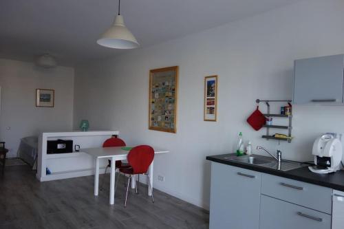 une cuisine avec une table et une chaise rouge dans l'établissement Nice colline charmant studio indépendant au rdc d'une maison, à Nice
