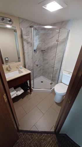 a bathroom with a shower and a toilet and a sink at Wingate by Wyndham Pittsburgh New Stanton in New Stanton