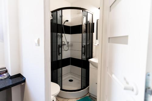 een zwart-witte badkamer met een douche bij Górskie Mieszkanie in Stronie Śląskie