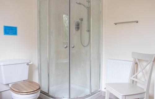 a shower stall in a bathroom with a toilet at Ploughman's Cottage in Edinbain