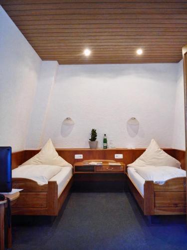 a room with two beds and a tv in it at Hotel Burg Breuberg in Höchst im Odenwald
