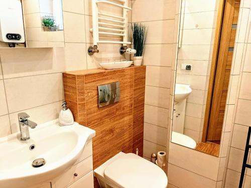 ein kleines Bad mit einem Waschbecken und einem WC in der Unterkunft Holiday flat, Swinoujscie in Świnoujście