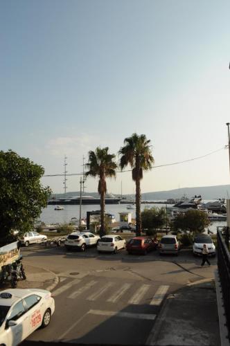 ein Parkplatz mit geparkten Autos und Palmen in der Unterkunft Nana's Place in Tivat